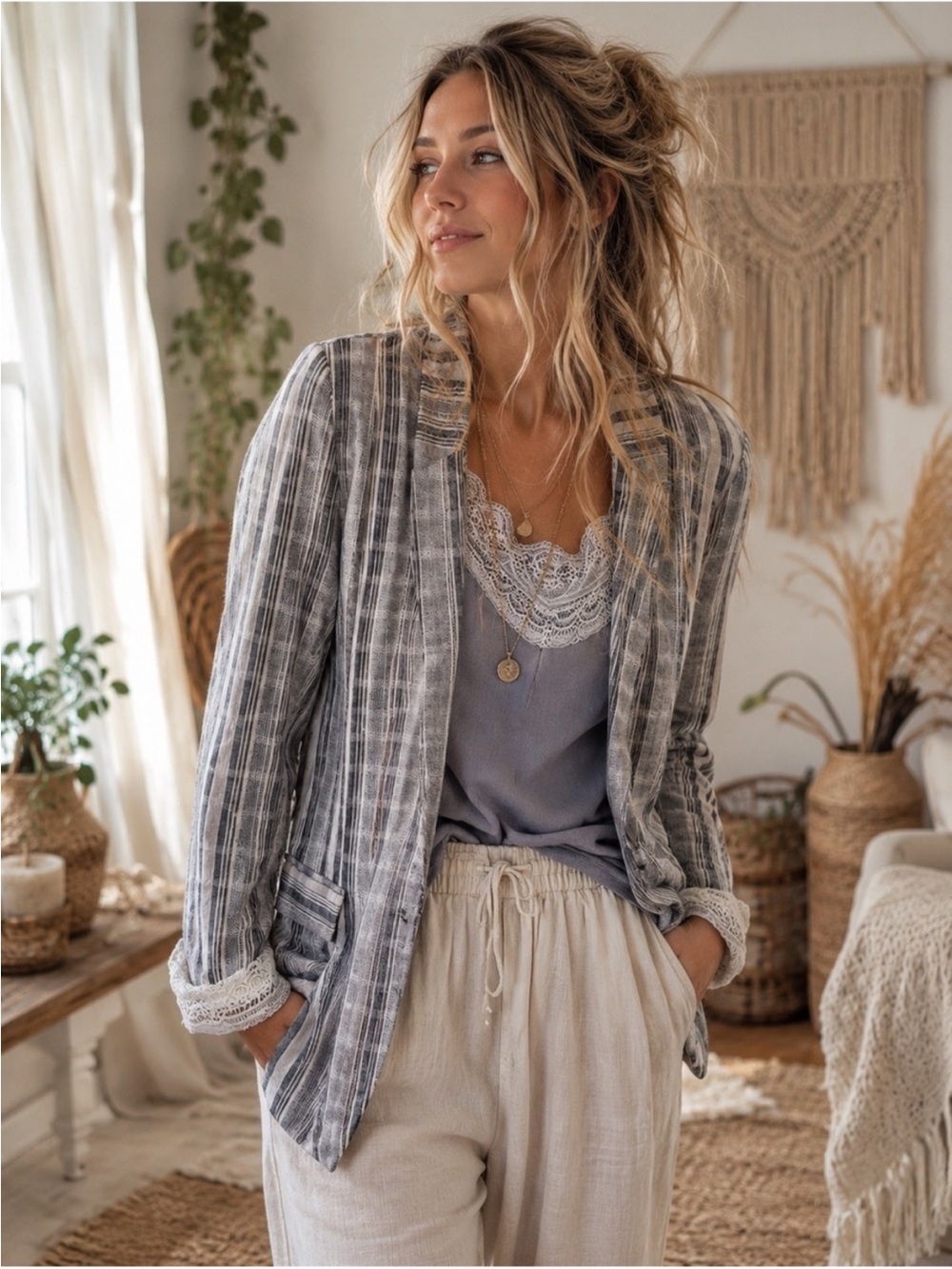 Anthropologie Elevenses Crochet Striped Boho Blazer Jacket sz S